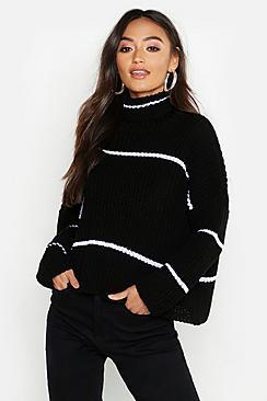 Boohoo Petite Stripe Roll Neck Oversized Jumper