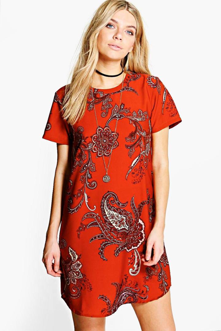 Boohoo Camelia Paisley Cap Sleeve Shift Dress Rust
