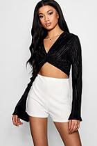 Boohoo Ruby Plisse Knot Front Long Sleeve Crop