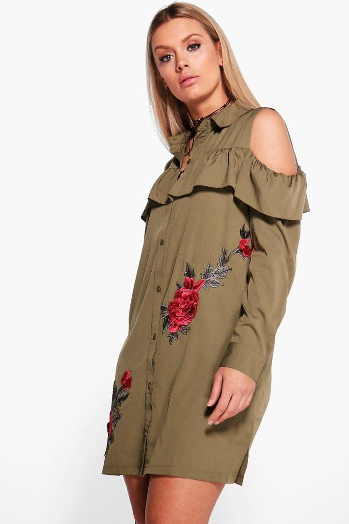 Boohoo Plus Anna Ruffle Off The Shoulder Dress Khaki