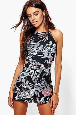 Boohoo Rose Dark Floral High Neck Playsuit