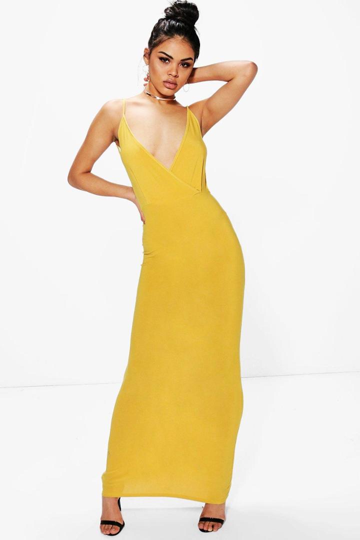 Boohoo Brea Slinky Wrap Top Open Back Maxi Dress Honeydew