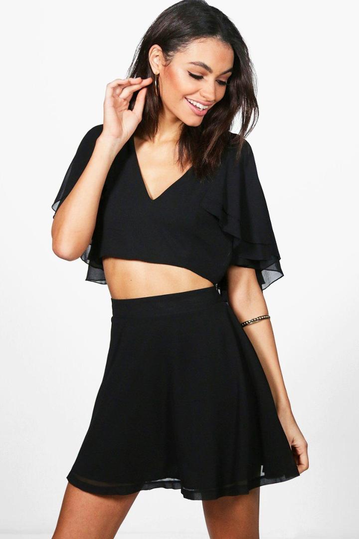 Boohoo Abby Chiffon Frill Sleeve Skirt Co-ord Black