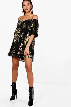 Boohoo Cold Shoulder Cross Front Swing Dress