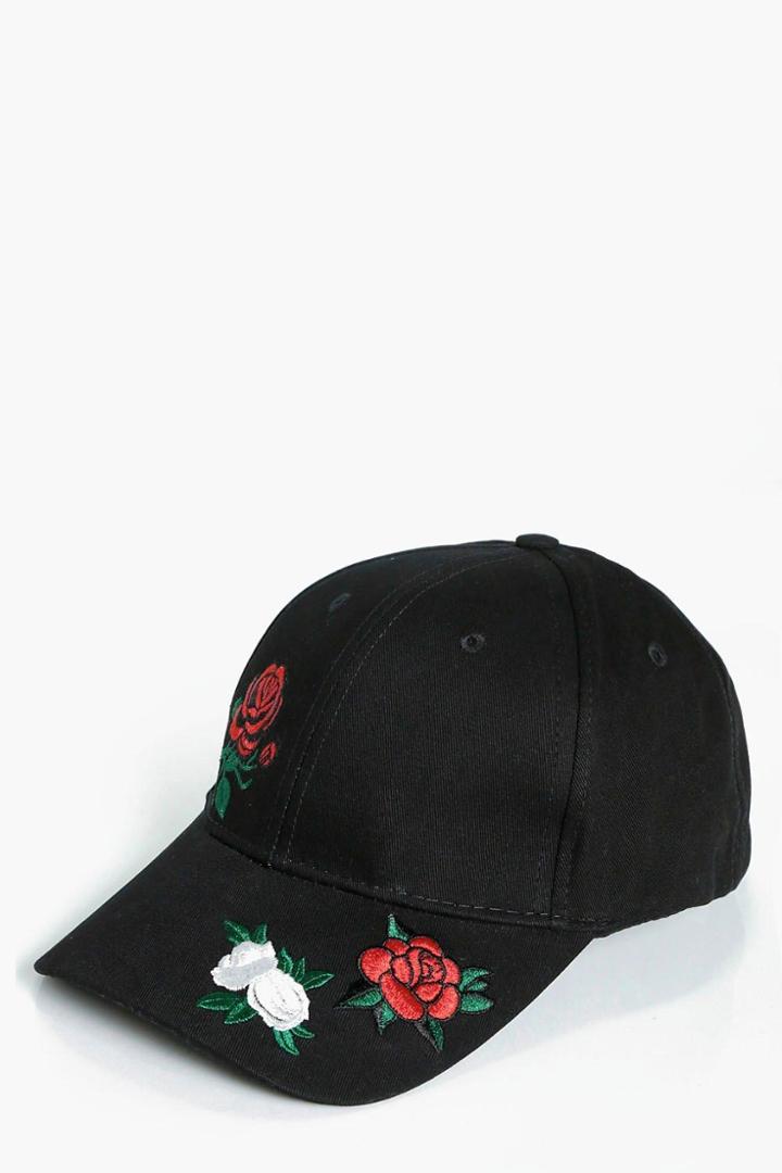 Boohoo Niamh Red Rose Embroidered Cap Black