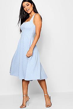 Boohoo Polka Dot Square Neck Midi Skater Dress