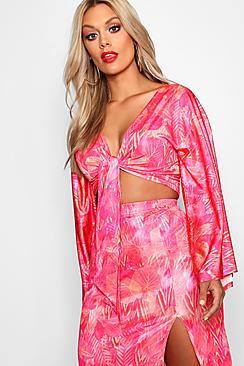 Boohoo Plus Eva Slinky Tropical Tie Front Crop Top