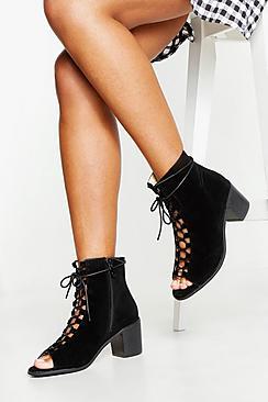 Boohoo Lace Up Peep Toe Block Heel Shoe Boots