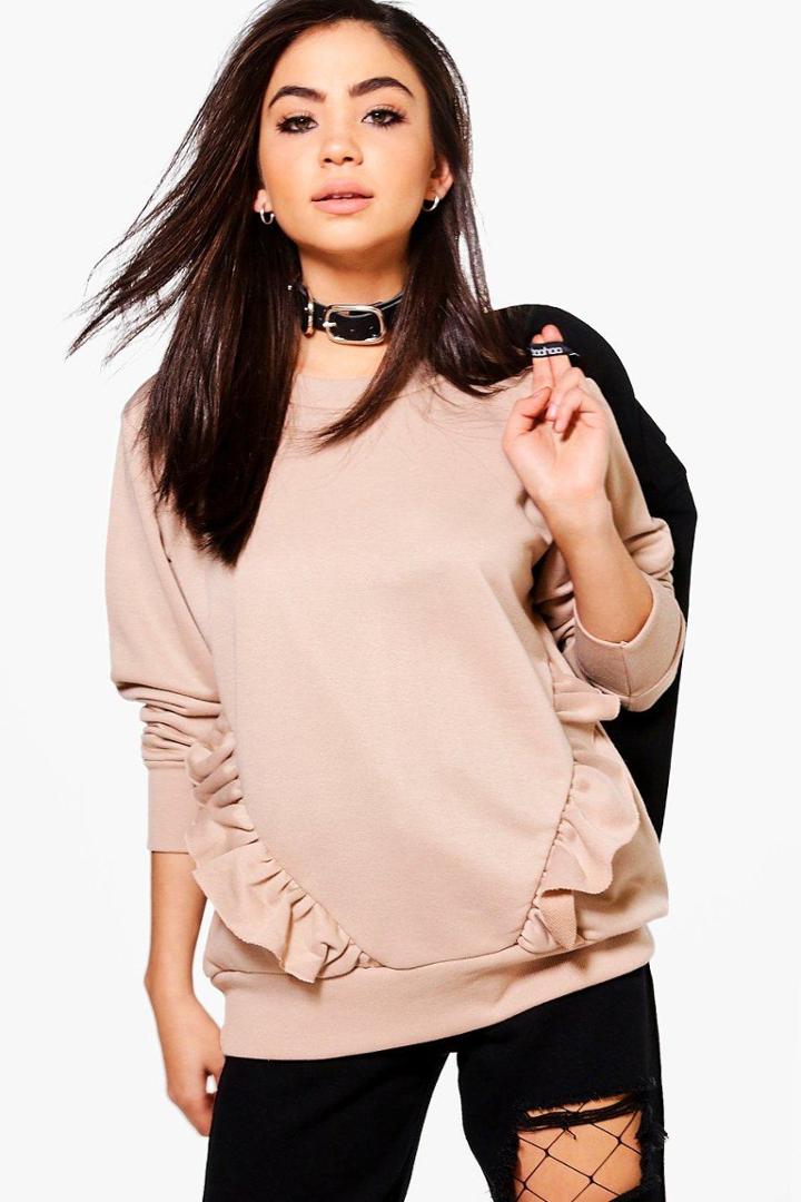 Boohoo Emma Ruffle Side Seam Sweatshirt Stone
