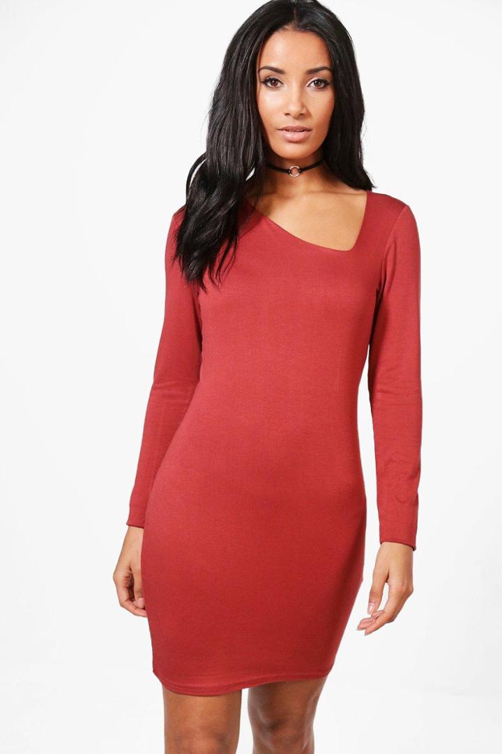Boohoo Anna Asymmetric Cut Out Bodycon Dress Cinnamon