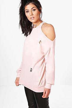 Boohoo Aria Distressed Cold Shoulder Sweat