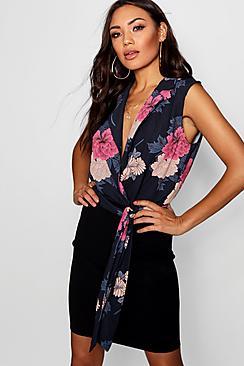 Boohoo Floral Collar Detail Tie Belt Dress
