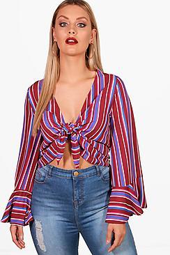 Boohoo Plus Robyn Stripe Ruffle Wrap Shirt