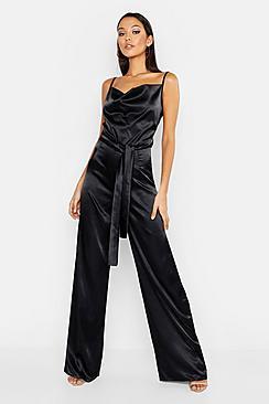 Boohoo Tall Satin Wide Leg Cowl Neck Jumpsuit