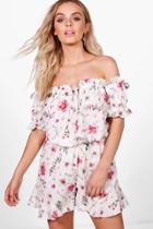 Boohoo Cassie Floral Off Shoulder Playsuit White