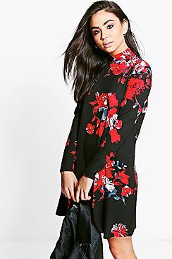 Boohoo Shahad Floral High Neck Swing Dress