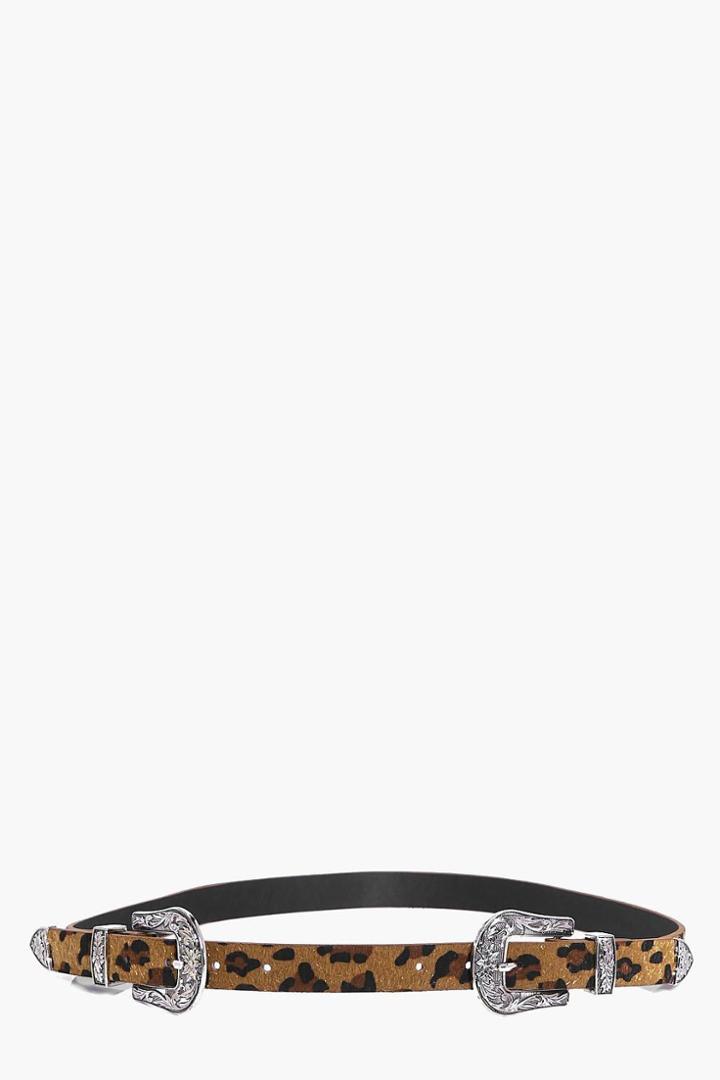 Boohoo Tilly Faux Leopard Double Buckle Western Belt Leopard