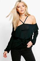 Boohoo Patrice Halter Strap Ruffle Bardot Top Black