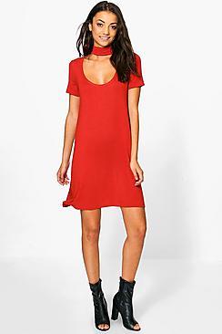 Boohoo Tall Sinead Low Scoop Neck Choker T-shirt Dress