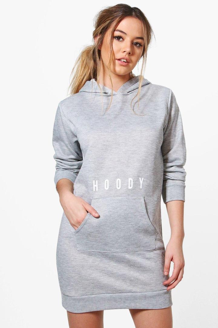 Boohoo Petite Georgina Hoody Slogan Sweat Dress Grey