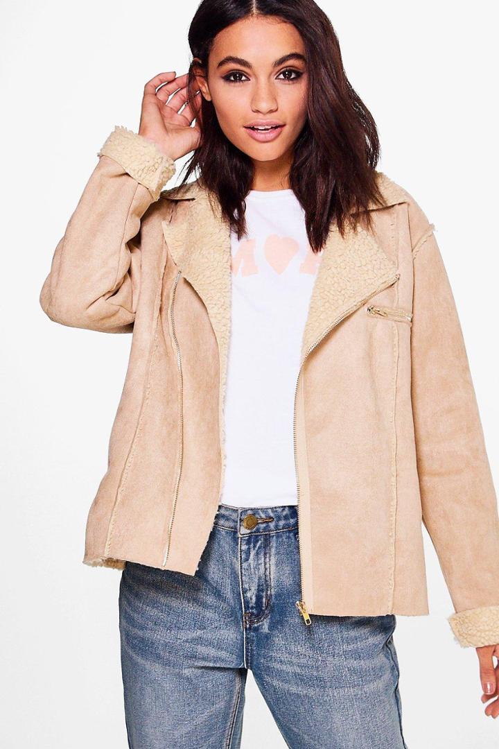 Boohoo Erin Boutique Bonded Biker Jacket Stone