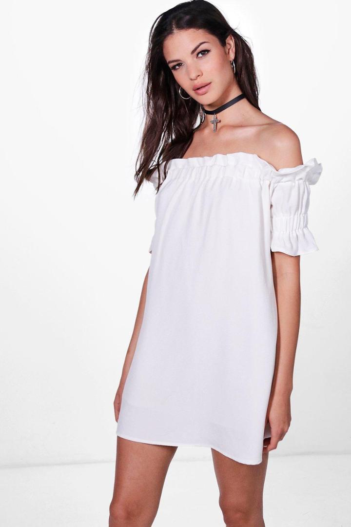 Boohoo Katie Off The Shoulder Frill Sleeve Dress White