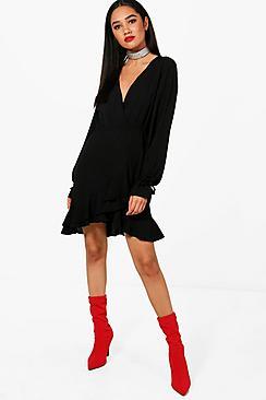 Boohoo Petite Bella Drawcord Sleeve Ruffle Wrap Dress