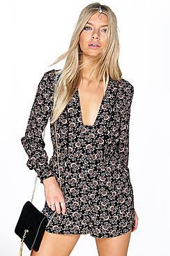 Boohoo Ria Plunge Front Bohemian Floral Playsuit