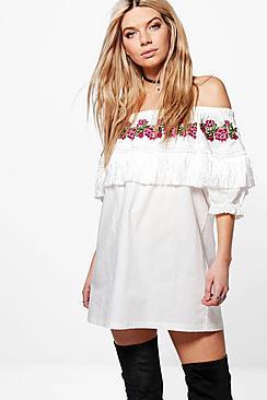 Boohoo Callie Embroidered Tassle Shift Dress