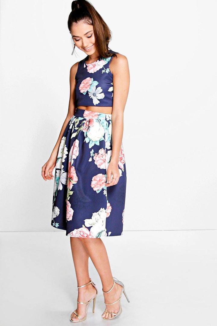 Boohoo Visa Floral Box Pleat Midi Skirt Co-ord Set Navy