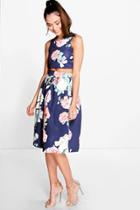 Boohoo Visa Floral Box Pleat Midi Skirt Co-ord Set Navy