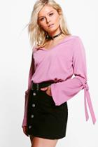 Boohoo Zoe Tie Detail Sleeve Fine Knit Jumper Lilas