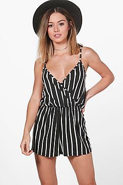 Boohoo Petite Kayla Wrap Over Striped Cami Playsuit