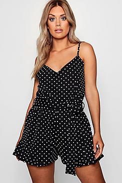 Boohoo Plus Sophia Spot Print Ruffle Hem Playsuit