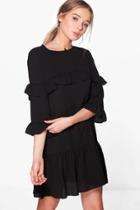 Boohoo Shay Frill Detail 3/4 Sleeve Shift Dress Black
