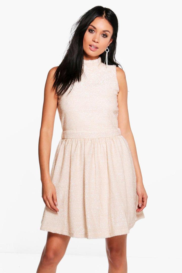 Boohoo Camelia Sparkle High Neck Midi Dress Cream