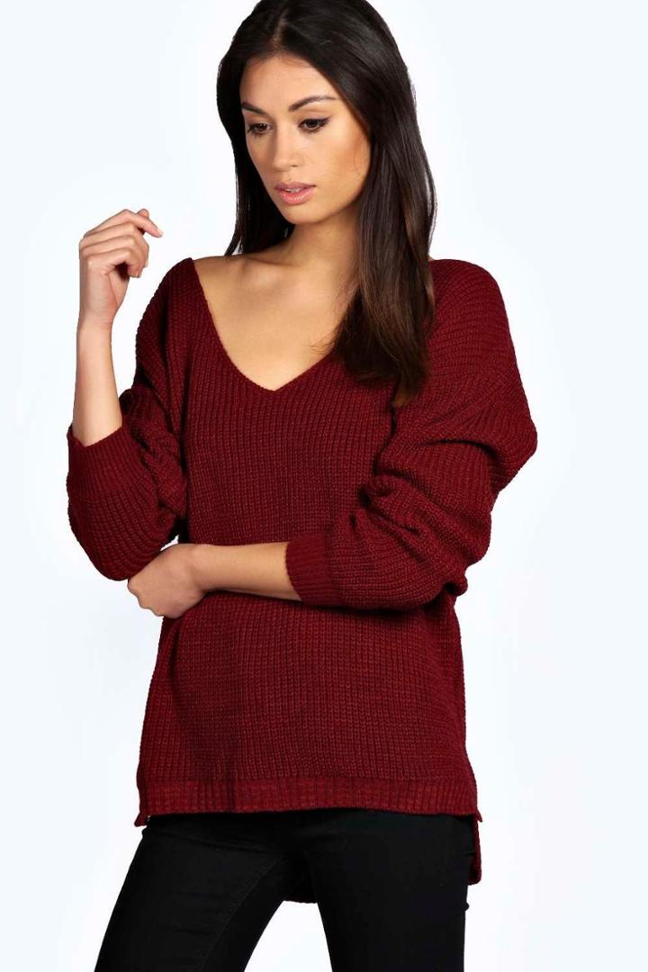 Boohoo Sasha Oversized V Neck Jumper Wine