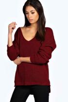 Boohoo Sasha Oversized V Neck Jumper Wine