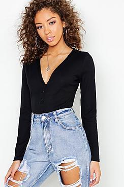 Boohoo Basic Rib Long Sleeve Button Detail Top