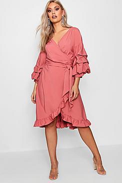 Boohoo Plus Ruched Sleeve Ruffle Wrap Midi Dress