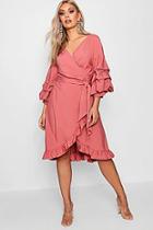 Boohoo Plus Ruched Sleeve Ruffle Wrap Midi Dress