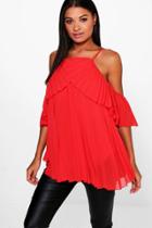 Boohoo Molly Cold Shoulder Pleated Ruffle Top Red