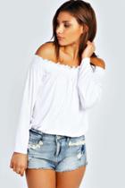 Boohoo Kylie Shirred Off The Shoulder Top White