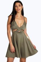 Boohoo Emmeline Cut Out Detail Skater Dress Khaki