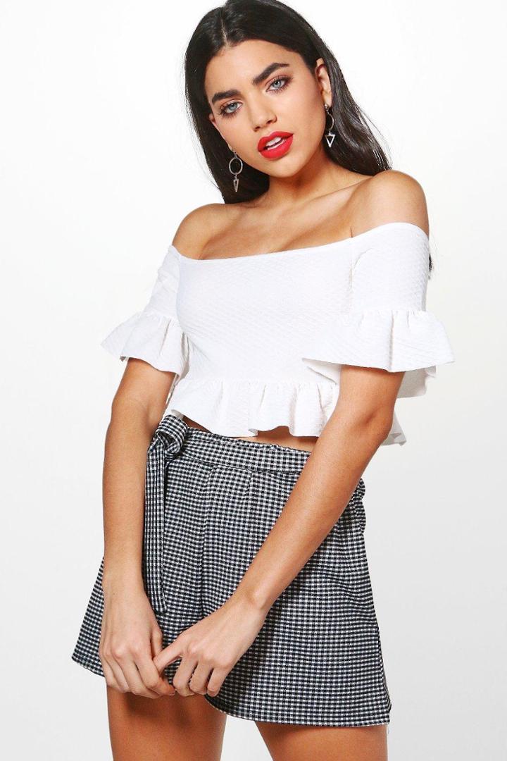 Boohoo Hayley Bardot Ruffle Crop Top White