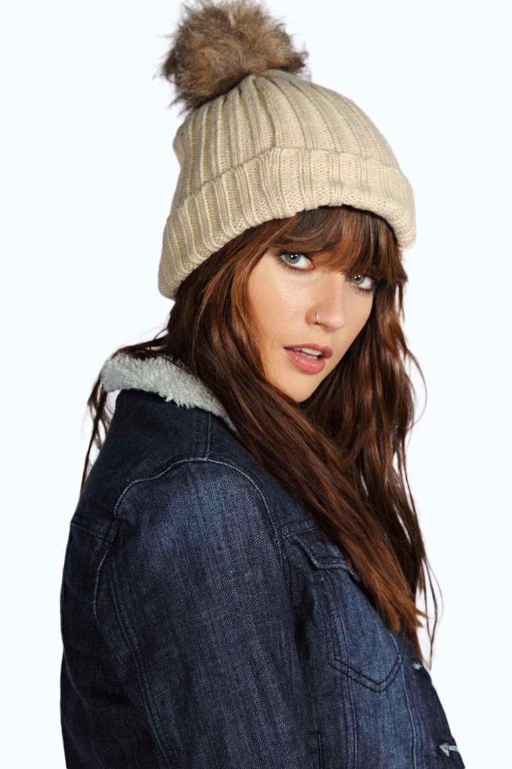 Boohoo Olivia Faux Fur Pom Beanie Hat Cream