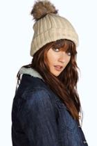 Boohoo Olivia Faux Fur Pom Beanie Hat Cream