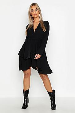 Boohoo Plus Plunge Tie Waist Skater Dress