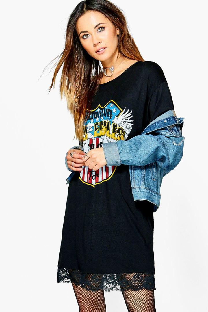Boohoo Suri Free Eagle Band Lace Trim T-shirt Dress Black
