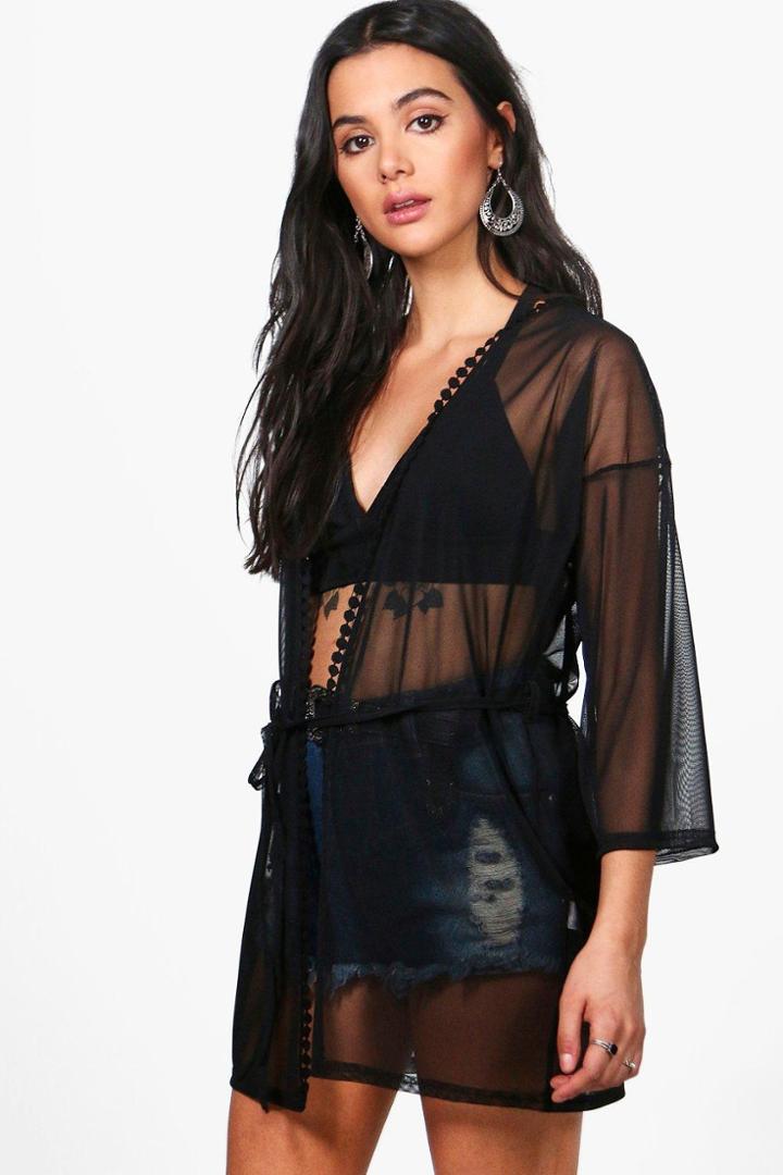 Boohoo Meg Belted Mesh Kimono With Pom Pom Trim Black